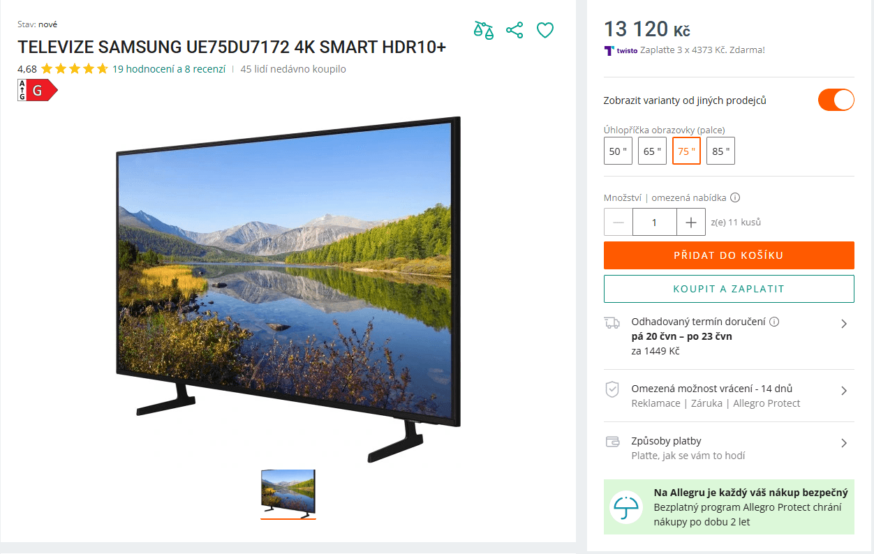 4K Smart TV 189 cm, Samsung